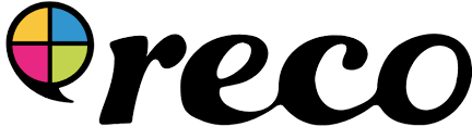 Reco hel logotyp i blå, rosa, grön och gul.